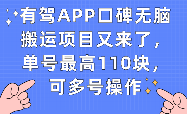 有驾APP口碑无脑搬运项目又来了，单号最高110块，可多号操作-扬明网创