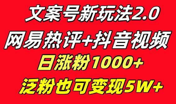 文案号新玩法 网易热评+抖音文案 一天涨粉1000+ 多种变现模式 泛粉也可变现-扬明网创