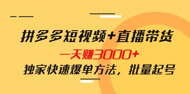 拼多多短视频+直播带货，一天赚3000+独家快速爆单方法，批量起号-扬明网创