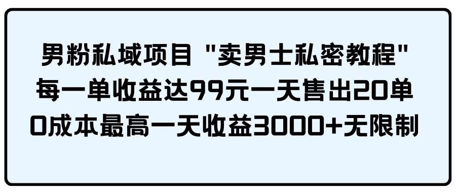 男粉私域项目 卖男士私密教程 每一单收益达99元一天售出20单-扬明网创