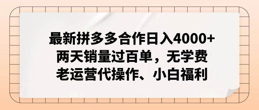 最新拼多多合作日入4000+两天销量过百单，无学费、老运营代操作、小白福利-扬明网创