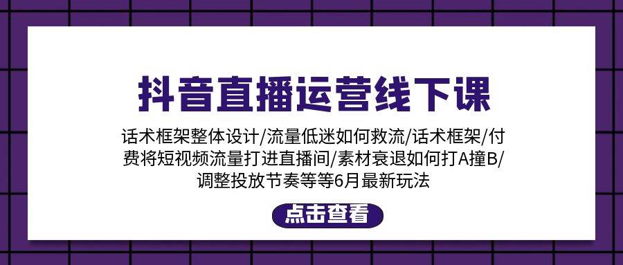 抖音直播运营线下课：话术框架/付费流量直播间/素材A撞B/等6月新玩法-扬明网创