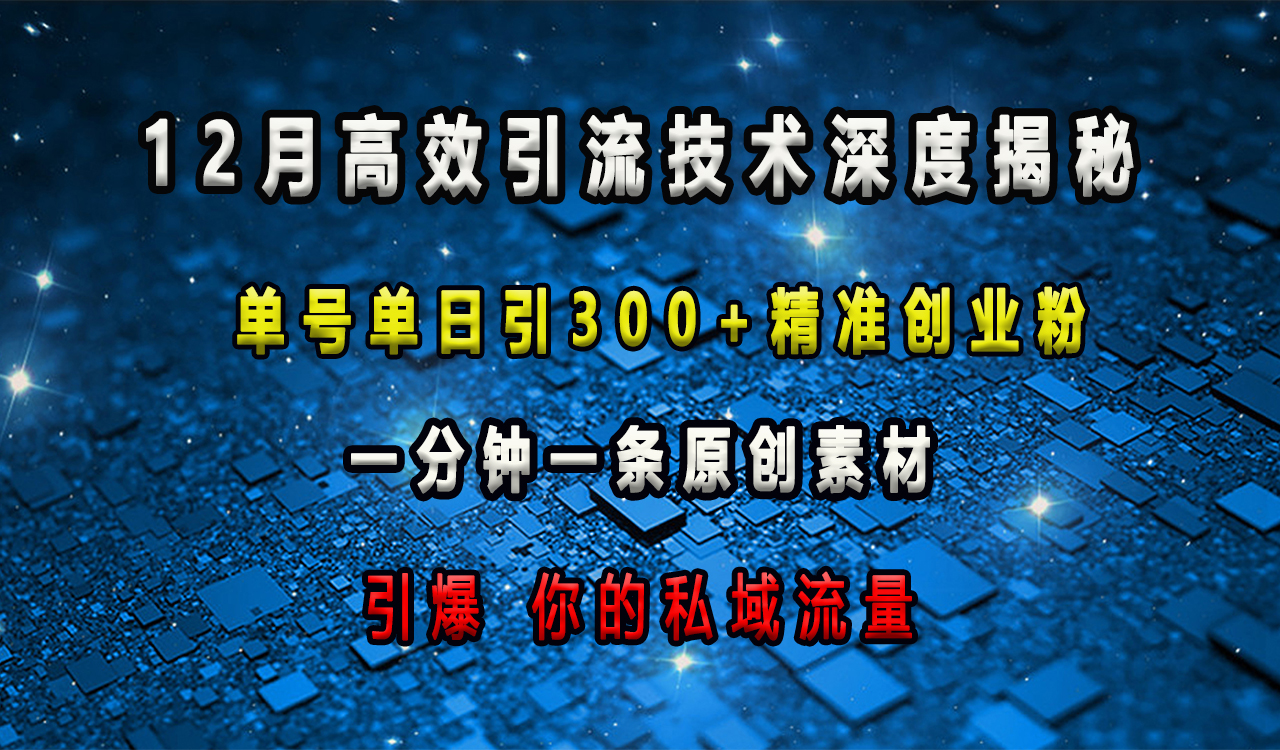 12月高效引流技术深度揭秘 ，单号单日引300+精准创业粉，一分钟一条原创素材，引爆你的私域流量-扬明网创