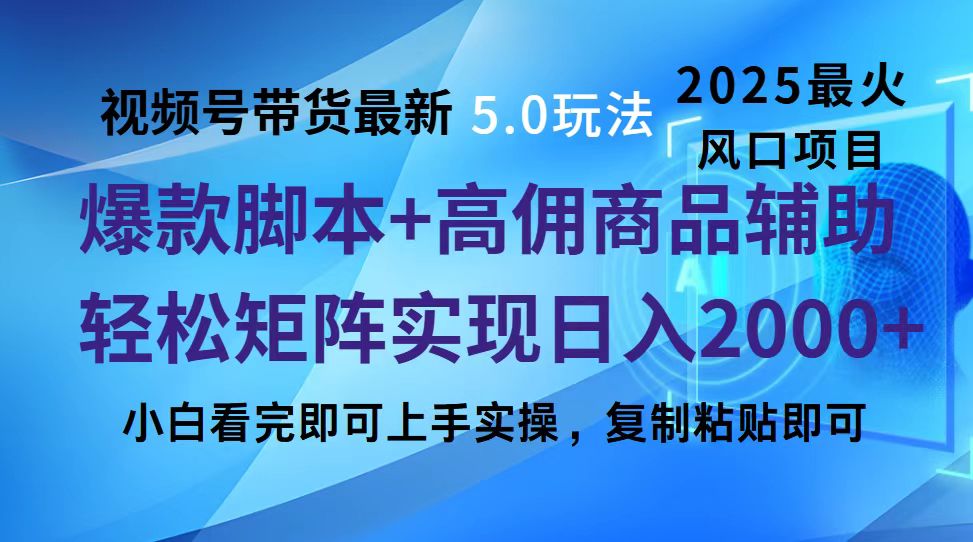 视频号带货最新5.0玩法，作品制作简单，当天起号，复制粘贴，脚本辅助，轻松矩阵日入2000+-扬明网创