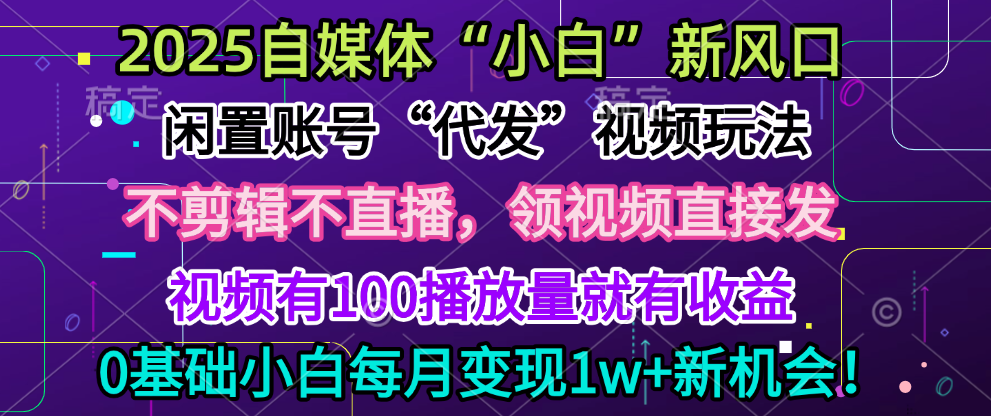 2025每月躺赚5w+新机会，闲置视频账号一键代发玩法，0粉不实名不剪辑，领了视频直接发，0基础小白也能日入300+-扬明网创