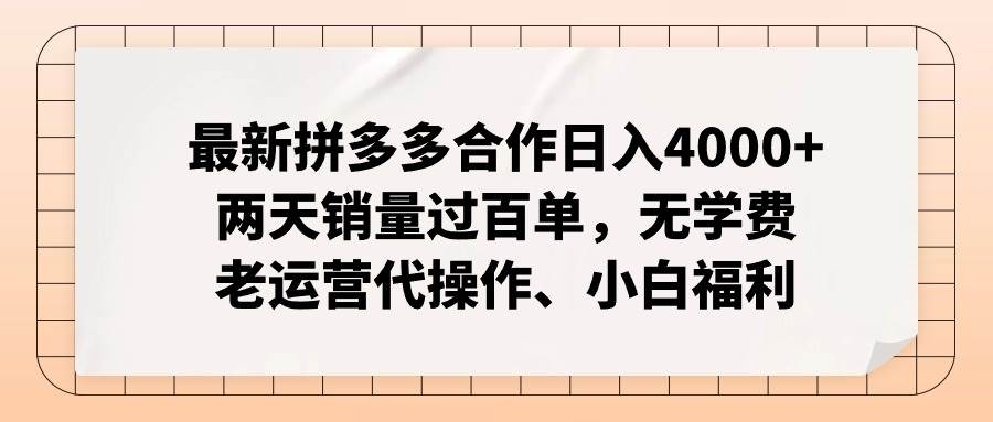 最新拼多多合作日入4000+两天销量过百单,无学费、老运营代操作、小白福利-扬明网创