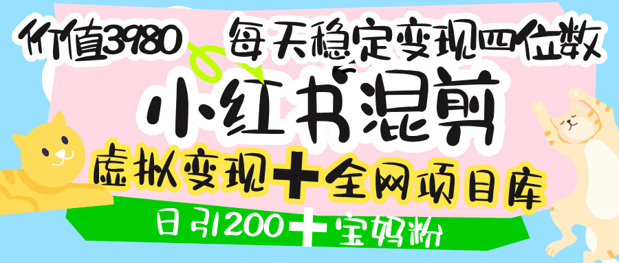 价值3980的小红书混剪， 虚拟变现 ＋全网项目库 ， 日引200+宝妈创业粉，每天稳定四位数变现-扬明网创