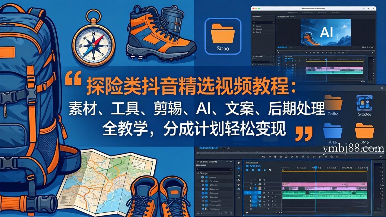 探险类抖音精选视频教程：素材、工具、剪辑、AI、文案、后期处理全教学，分成计划轻松变现-扬明网创