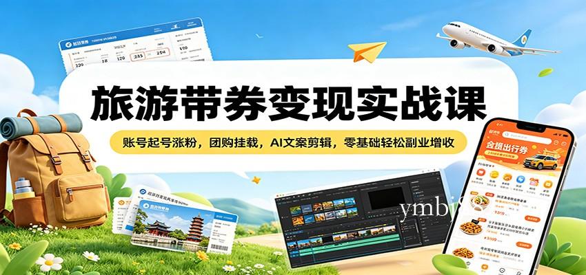 旅游带券变现实战课:账号起号涨粉,团购挂载,AI文案剪辑,零基础轻松副业增收-扬明网创