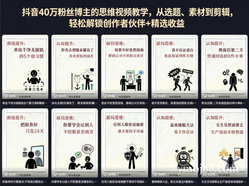 抖音40W粉丝博主的思维视频教学，从选题、素材到剪辑，轻松解锁创作者伙伴+精选收益-扬明网创