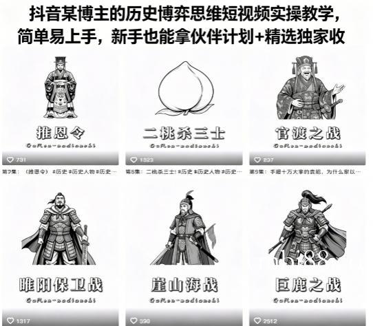 抖音某博主的历史博弈思维短视频实操教学，简单易上手，新手也能拿伙伴计划+精选独家收益-扬明网创