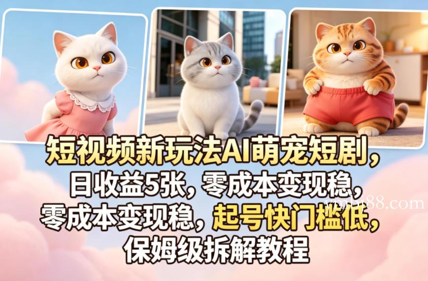 短视频新玩法AI萌宠短剧，日收益5张，零成本变现稳，起号快门槛低，保姆级拆解教程-扬明网创