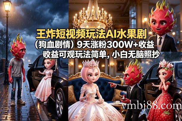 王炸短视频玩法AI水果剧(狗血剧情)9天涨粉300W+收益可观玩法简单，小白无脑照抄，详细拆解玩法-扬明网创