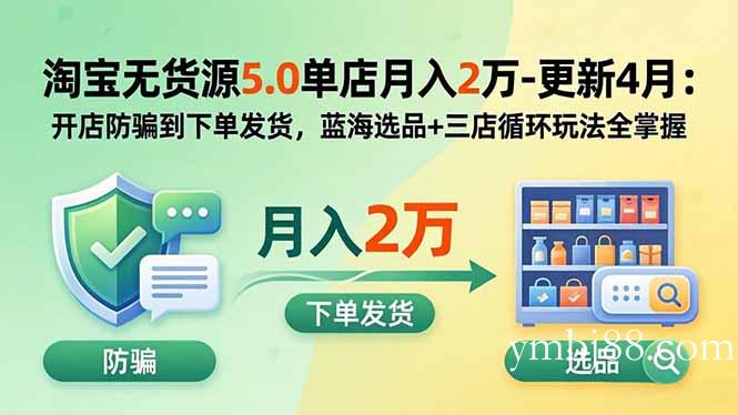 淘宝无货源5.0单店月入2万-更新5月:开店防骗到下单发货,蓝海选品+三店循环玩法全掌握-扬明网创
