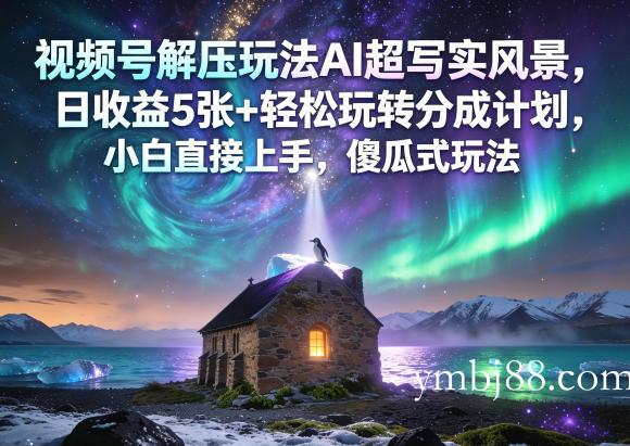 视频号解压玩法AI超写实风景，日收益5张+轻松玩转分成计划，小白直接上手，傻瓜式玩法-扬明网创